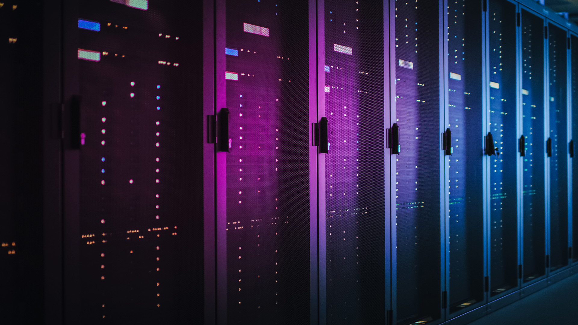 Dark data center with multiple rows of fully operational server racks